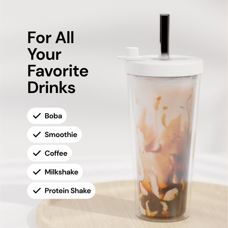 Dodoko Reusable Boba Cup with Resealable Lid Plug - 17 Oz Double Wall Insulated | Smoothie Tumbler | Wide Stainless Steel Straw For Bubble Tea, Boba Pearls - White - Image 5